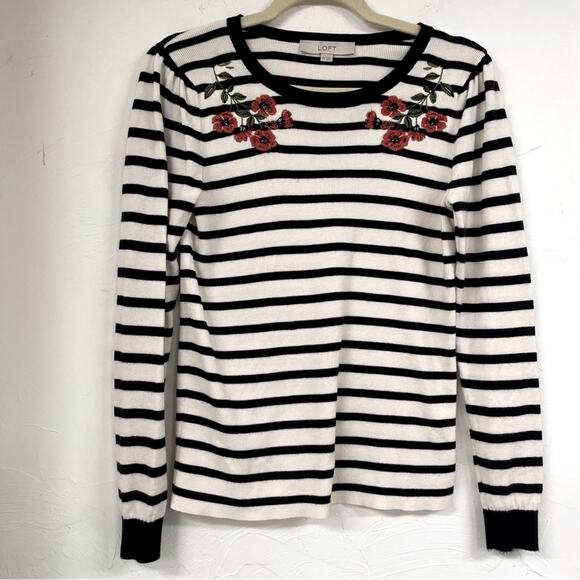 Loft Black & White Striped Red Floral Embroidery Shoulder Sweater Womens XS - Picture 1 of 6